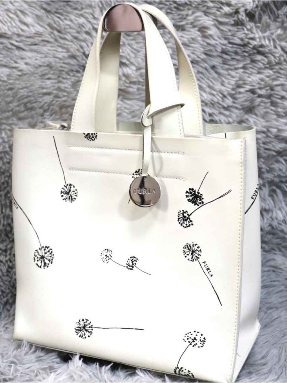 Furla Off-White Leather Tote with Silver Accent